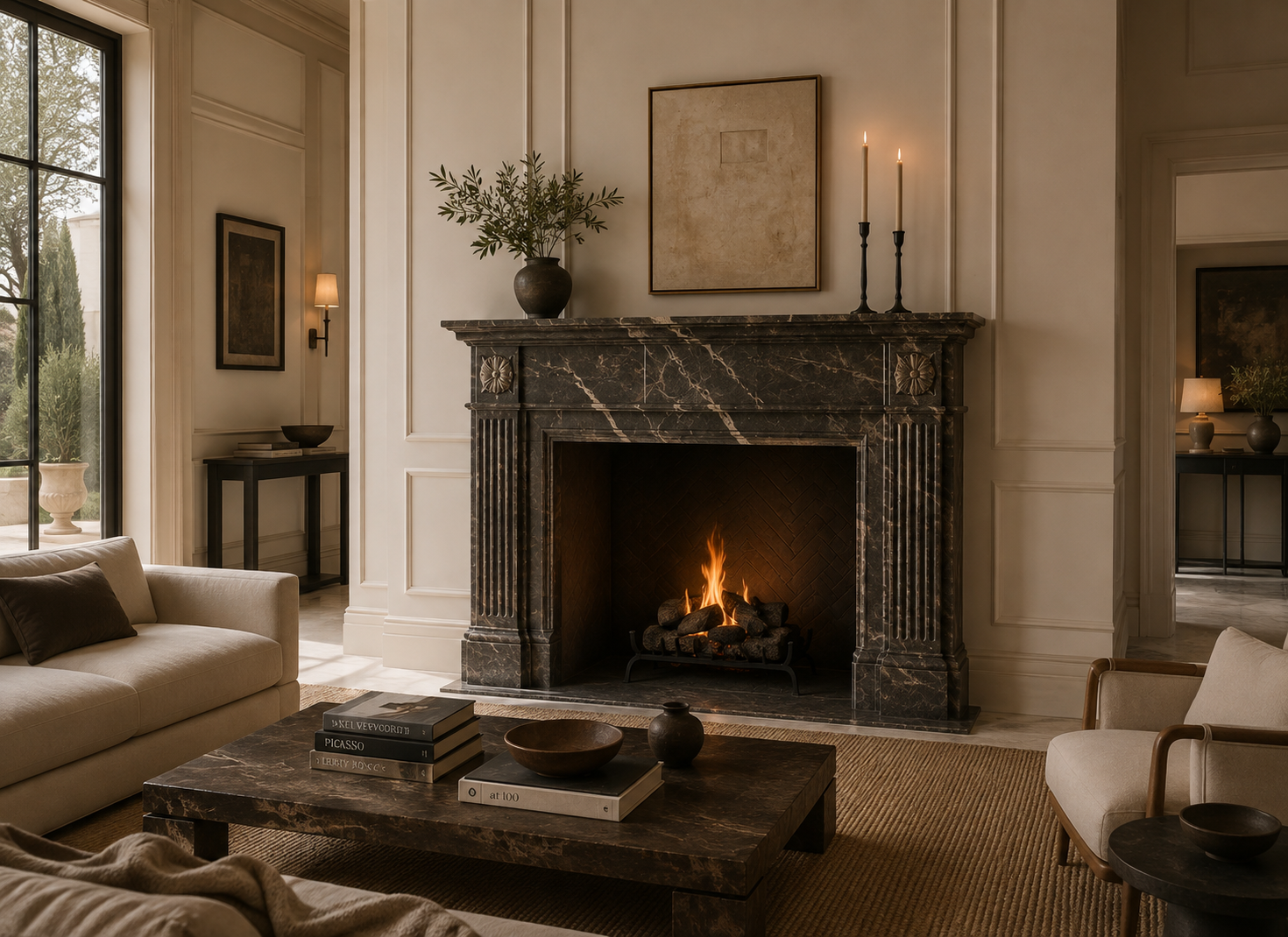 Bosco deep green marble fireplace mantel by 1-OPH, in a Dubai interior