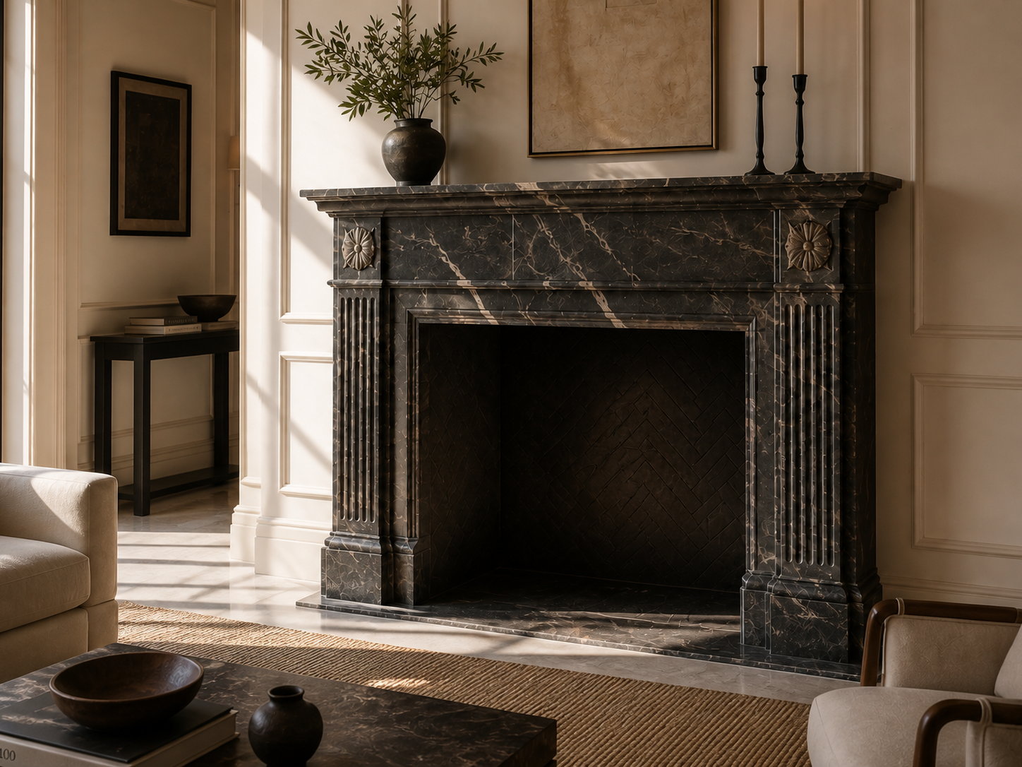 Bosco deep green marble fireplace mantel by 1-OPH, carved detail