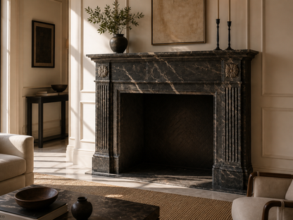 Bosco deep green marble fireplace mantel by 1-OPH, carved detail