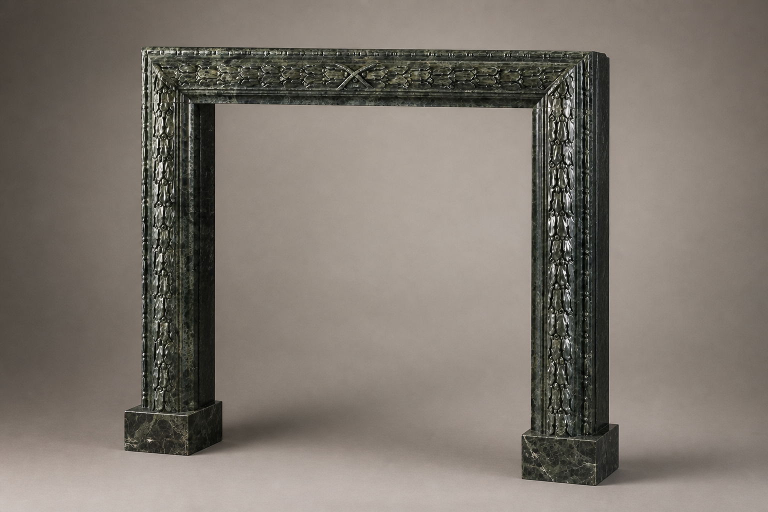 Bosco deep green marble fireplace mantel by 1-OPH, studio view