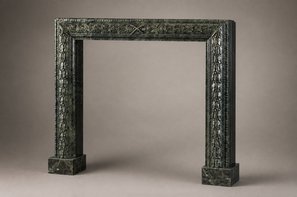 Bosco deep green marble fireplace mantel by 1-OPH, studio view