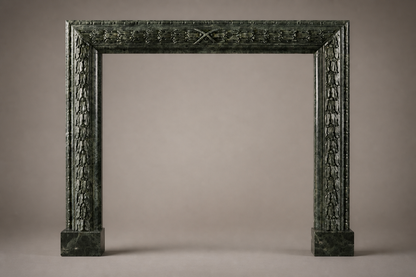 Bosco deep green marble fireplace mantel by 1-OPH, side elevation