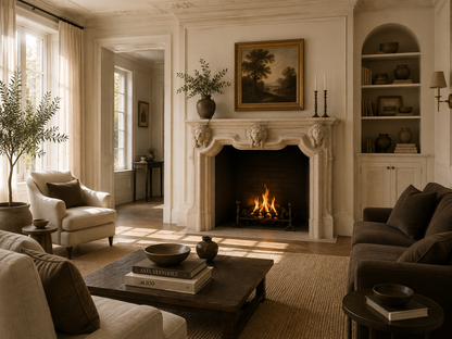Amal cream limestone fireplace mantel by 1-OPH, in a Dubai interior