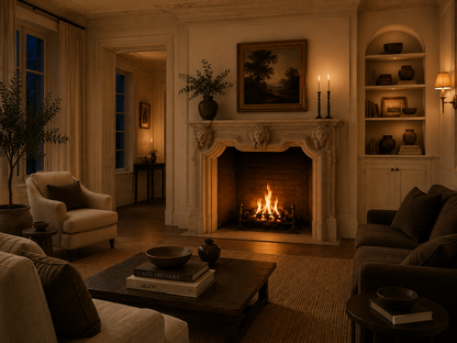 Amal cream limestone fireplace mantel by 1-OPH, lit at night