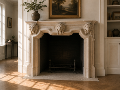 Amal cream limestone fireplace mantel by 1-OPH, carved detail