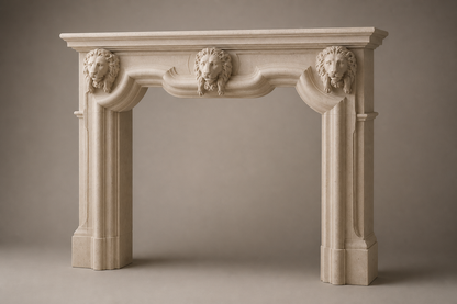 Amal cream limestone fireplace mantel by 1-OPH, studio view