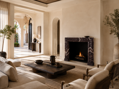 Amaranta plum marble fireplace mantel by 1-OPH, in a Dubai interior