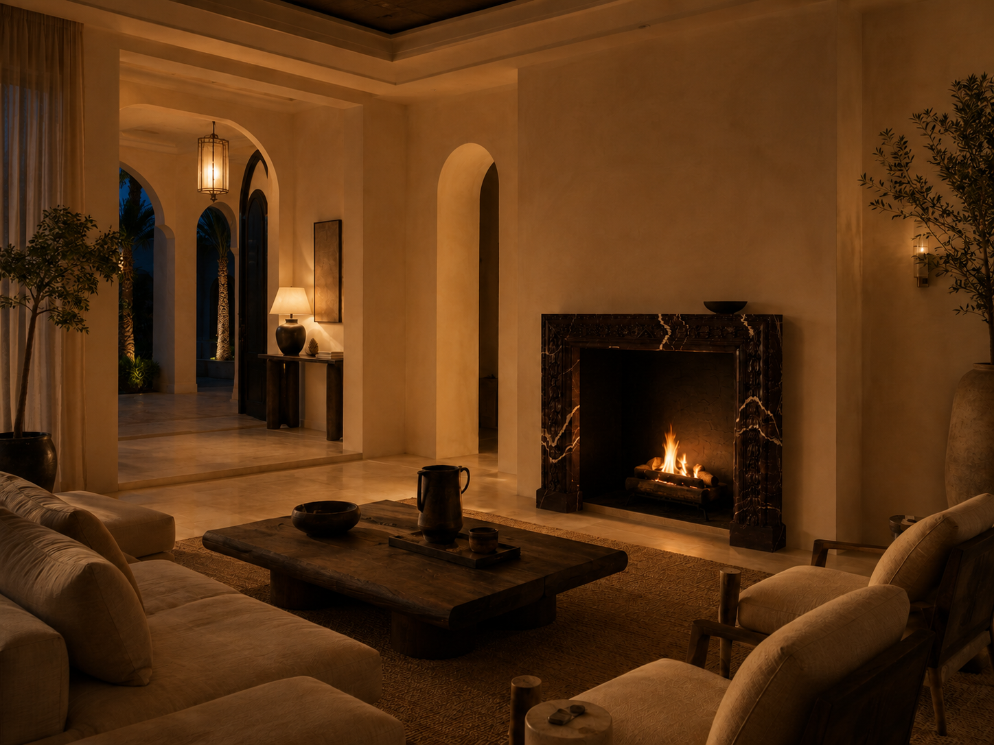 Amaranta plum marble fireplace mantel by 1-OPH, lit at night