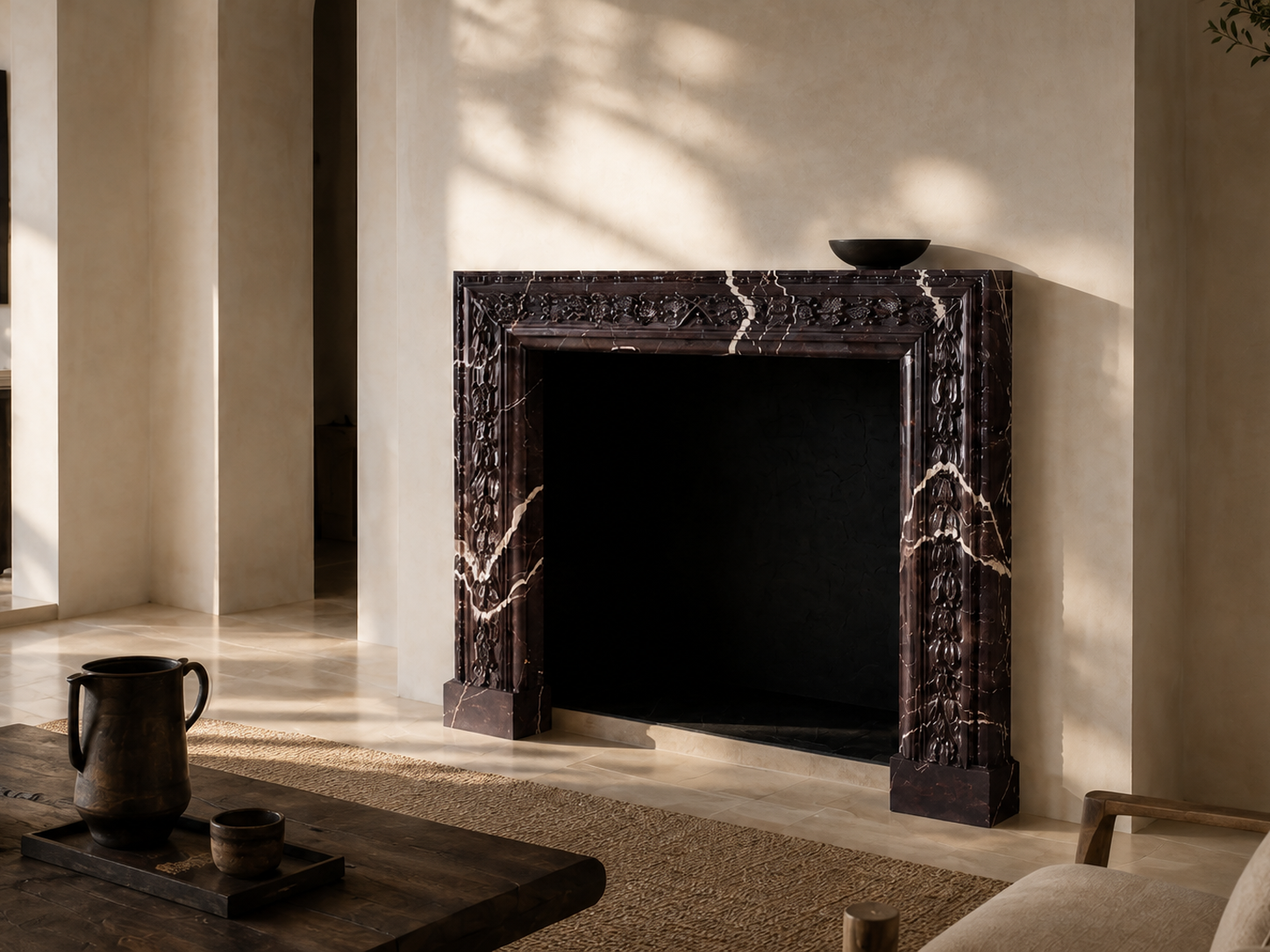 Amaranta plum marble fireplace mantel by 1-OPH, carved detail