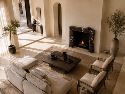 Amaranta plum marble fireplace mantel by 1-OPH, seen from above