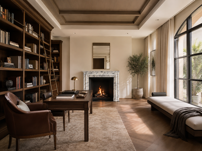Kumo pale veined marble fireplace mantel by 1-OPH, in a Dubai interior