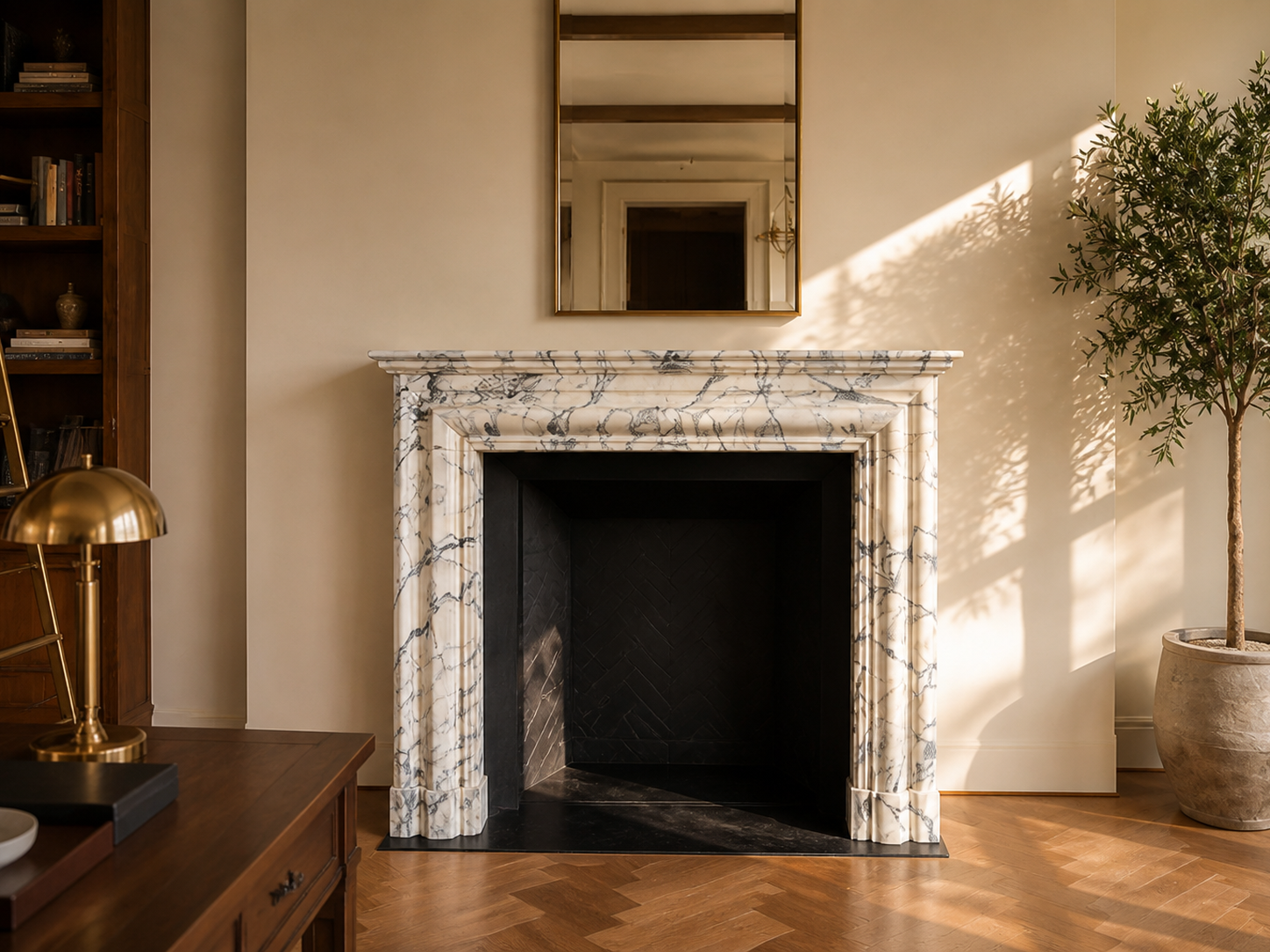 Kumo pale veined marble fireplace mantel by 1-OPH, carved detail