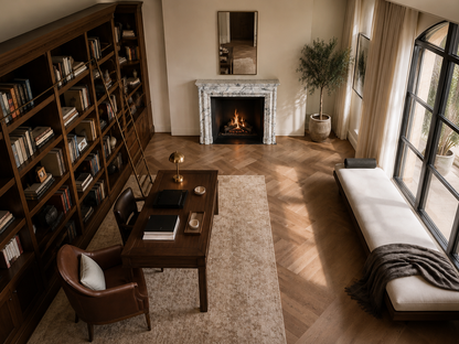Kumo pale veined marble fireplace mantel by 1-OPH, seen from above