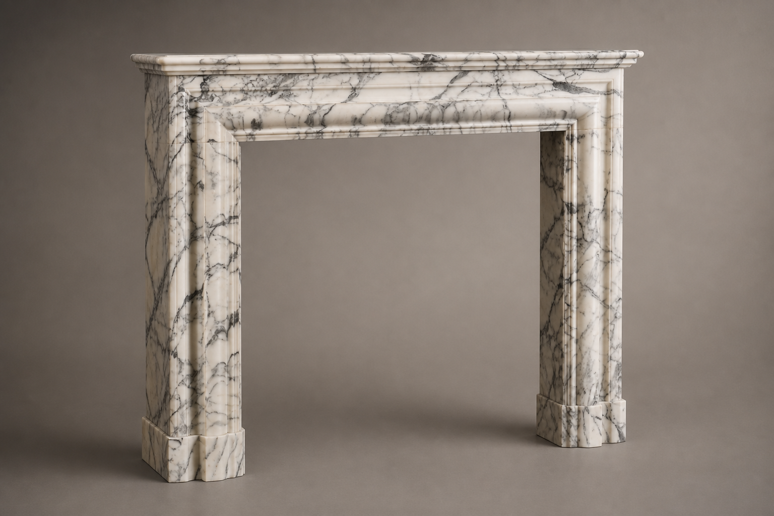 Kumo pale veined marble fireplace mantel by 1-OPH, studio view