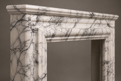 Kumo pale veined marble fireplace mantel by 1-OPH, surface detail