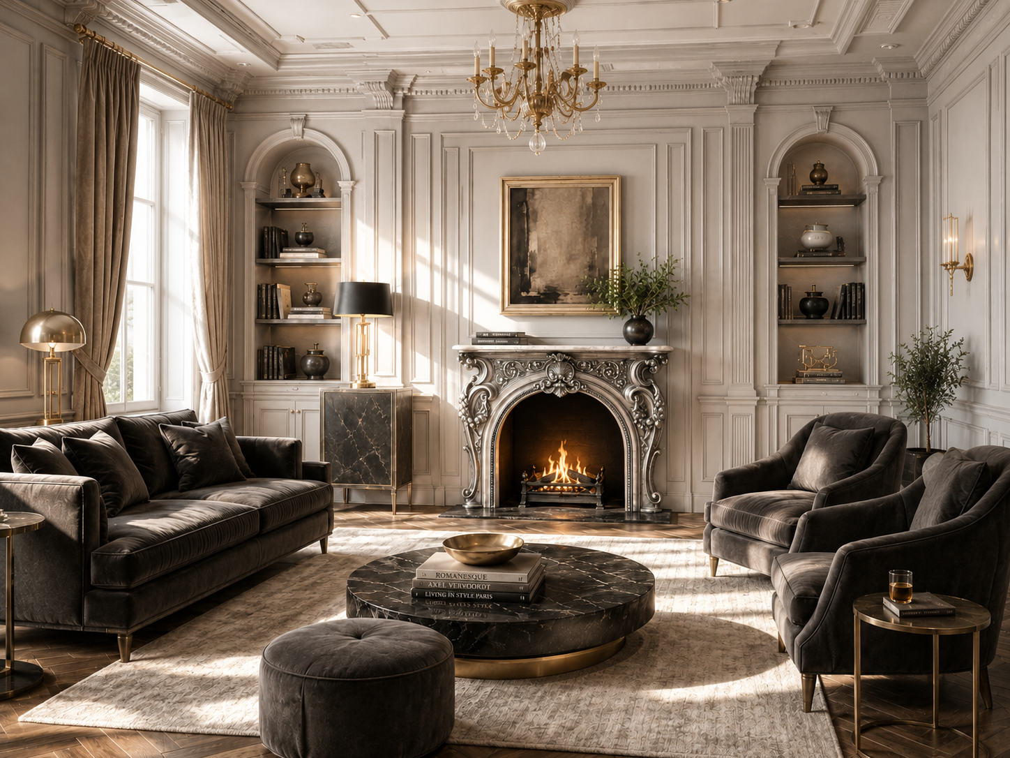 Anwar dark grey marble fireplace mantel by 1-OPH, in a Dubai interior