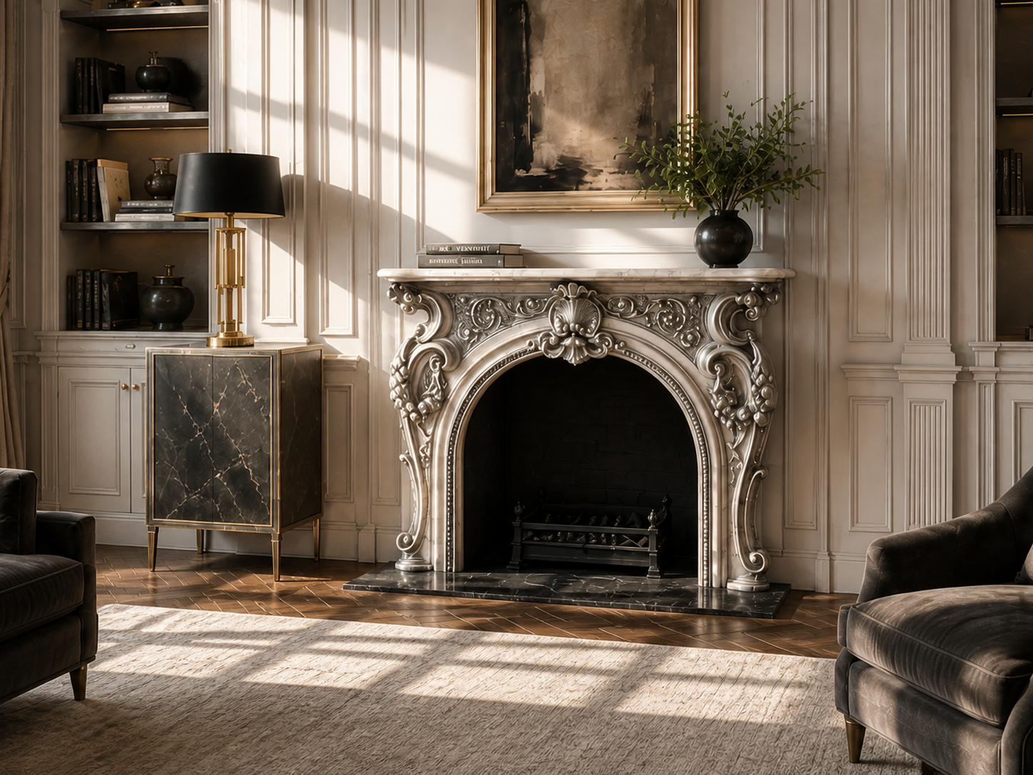 Anwar dark grey marble fireplace mantel by 1-OPH, carved detail