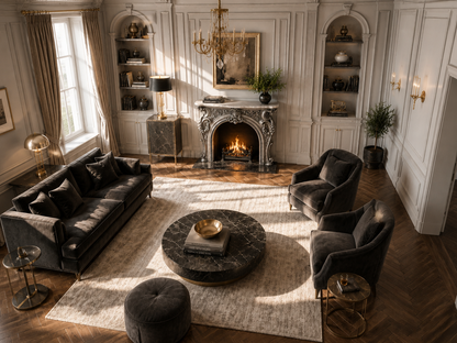 Anwar dark grey marble fireplace mantel by 1-OPH, seen from above