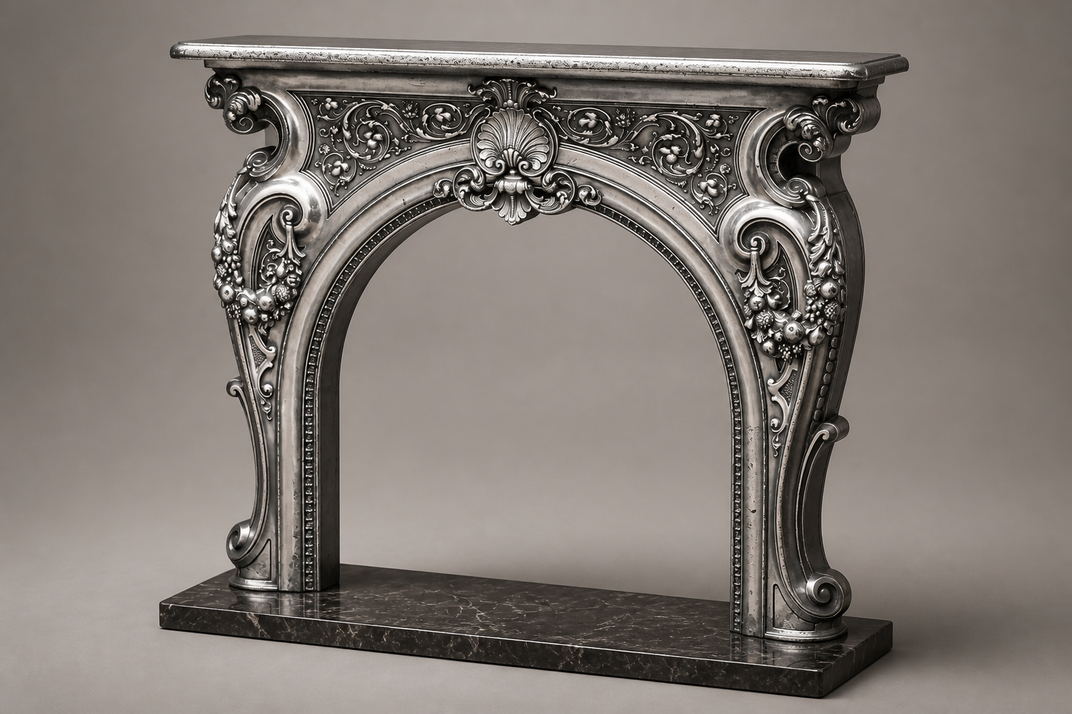 Anwar dark grey marble fireplace mantel by 1-OPH, studio view