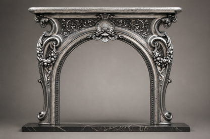 Anwar dark grey marble fireplace mantel by 1-OPH, side elevation