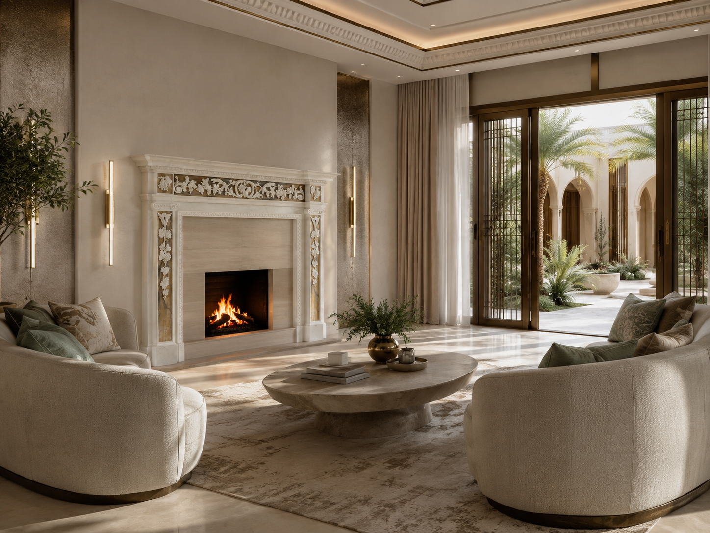 Yasmin white marble with gilt inlay fireplace mantel by 1-OPH, in a Dubai interior