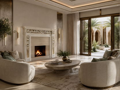 Yasmin white marble with gilt inlay fireplace mantel by 1-OPH, in a Dubai interior