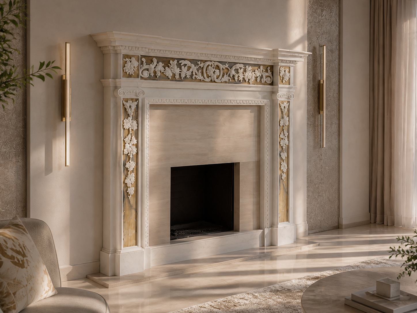 Yasmin white marble with gilt inlay fireplace mantel by 1-OPH, carved detail