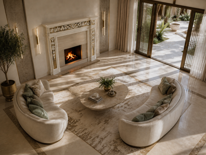 Yasmin white marble with gilt inlay fireplace mantel by 1-OPH, seen from above