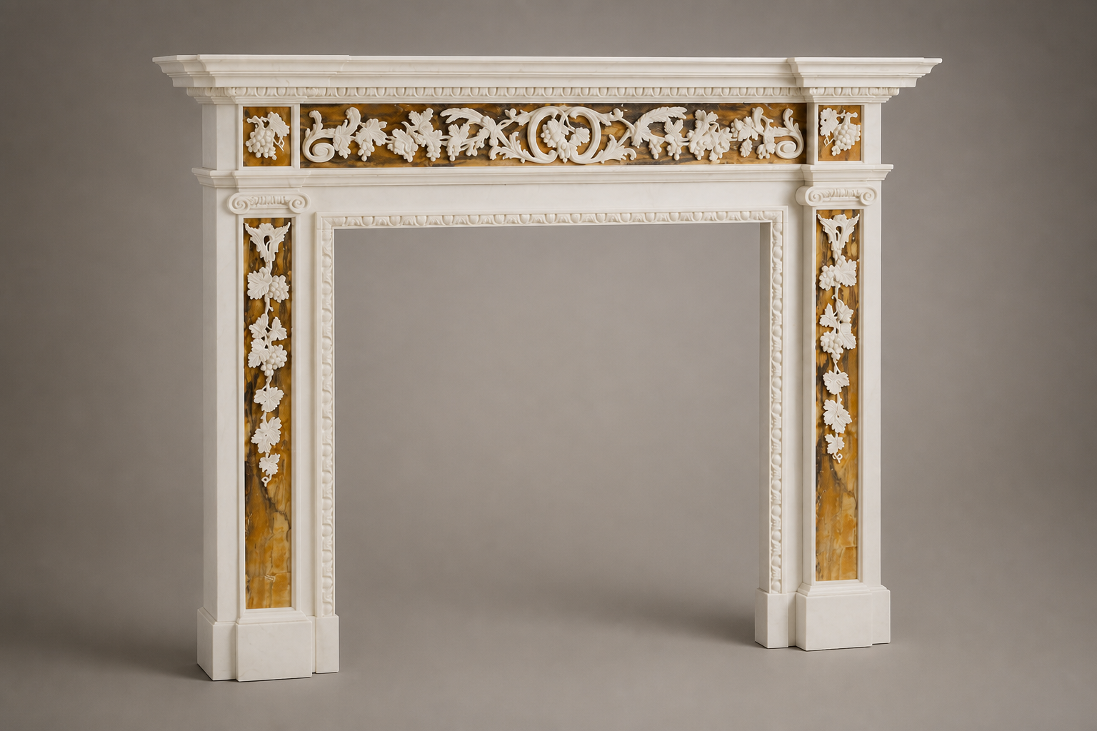 Yasmin white marble with gilt inlay fireplace mantel by 1-OPH, studio view