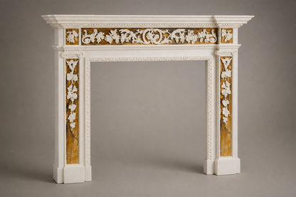 Yasmin white marble with gilt inlay fireplace mantel by 1-OPH, studio view