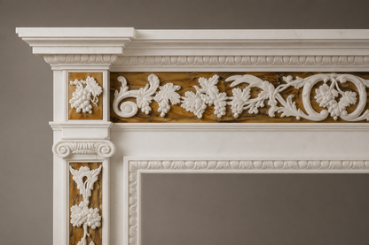 Yasmin white marble with gilt inlay fireplace mantel by 1-OPH, surface detail