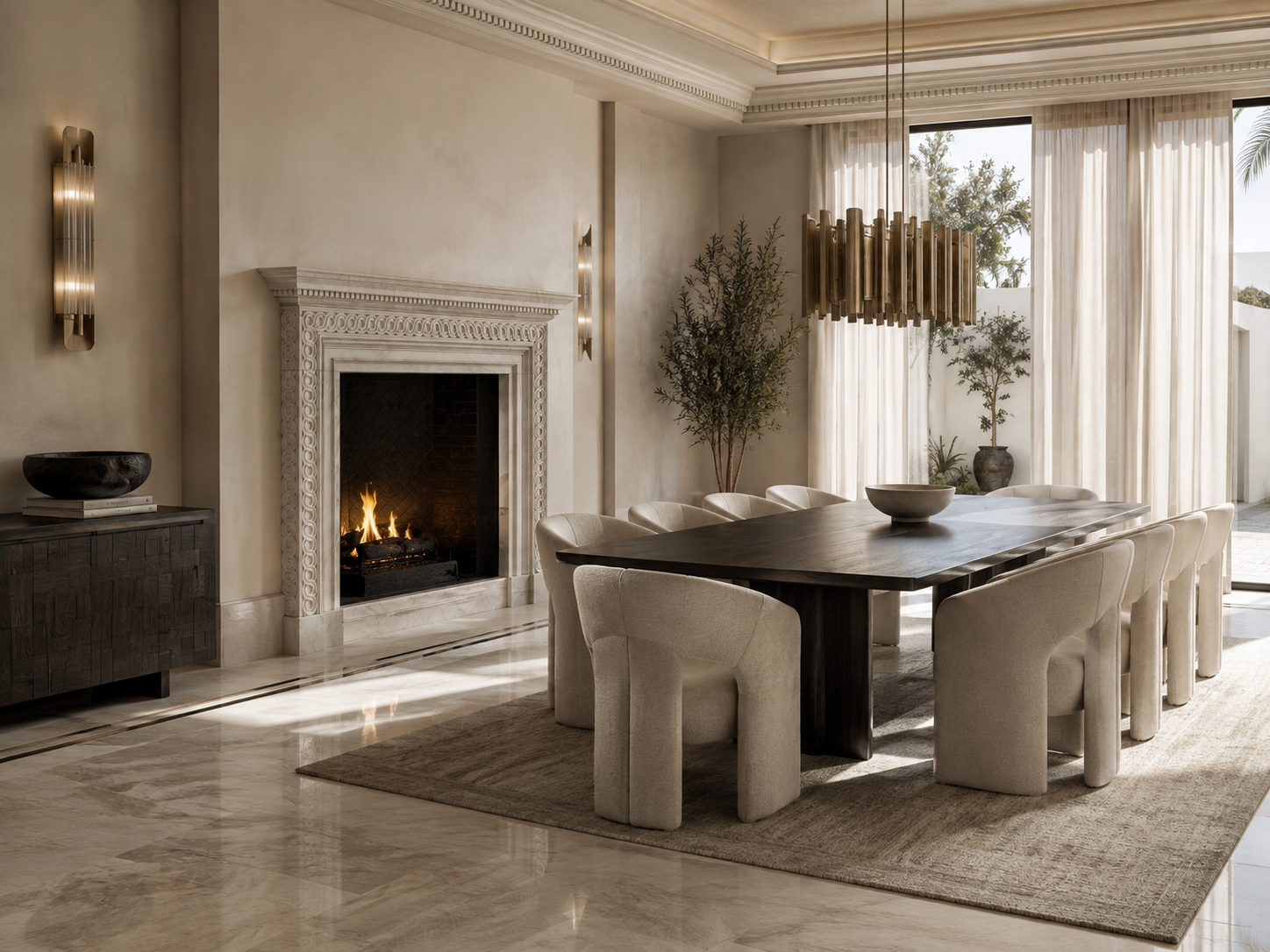 Nada pink-cream marble fireplace mantel by 1-OPH, in a Dubai interior