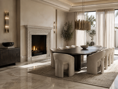 Nada pink-cream marble fireplace mantel by 1-OPH, in a Dubai interior