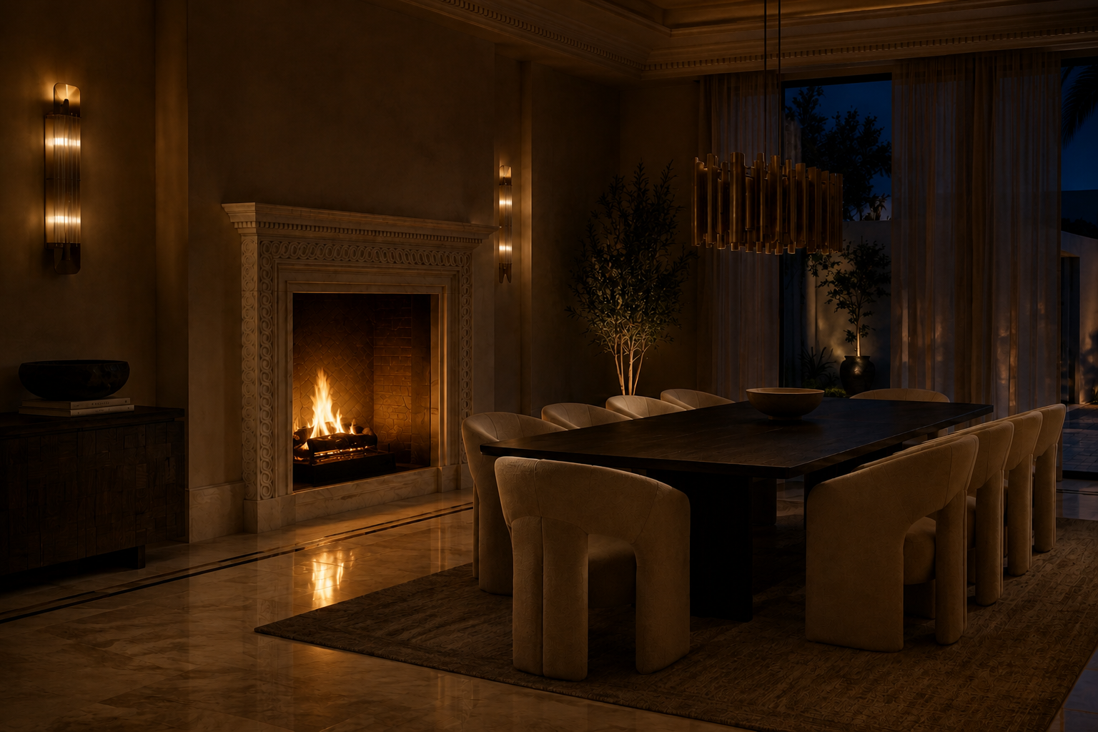 Nada pink-cream marble fireplace mantel by 1-OPH, lit at night
