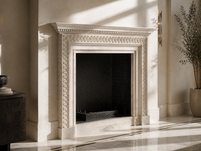 Nada pink-cream marble fireplace mantel by 1-OPH, carved detail