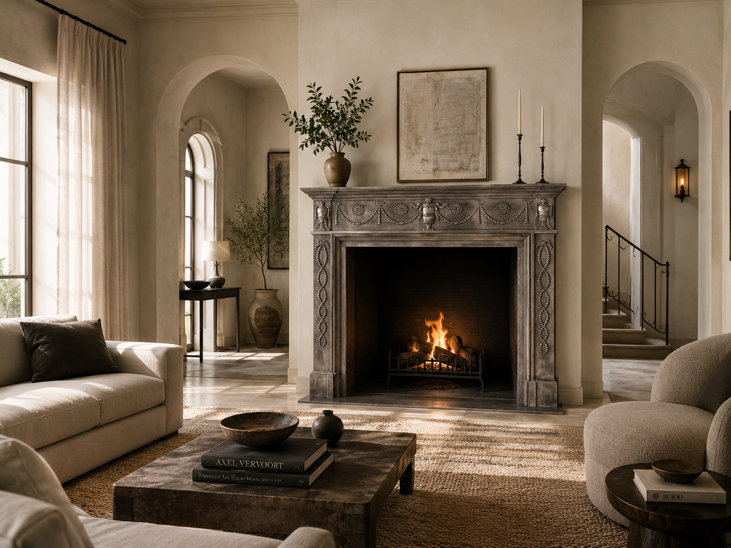 Fumara charcoal marble fireplace mantel by 1-OPH, in a Dubai interior