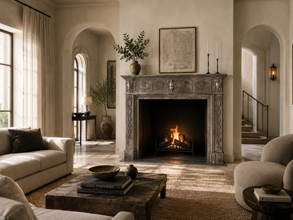 Fumara charcoal marble fireplace mantel by 1-OPH, in a Dubai interior
