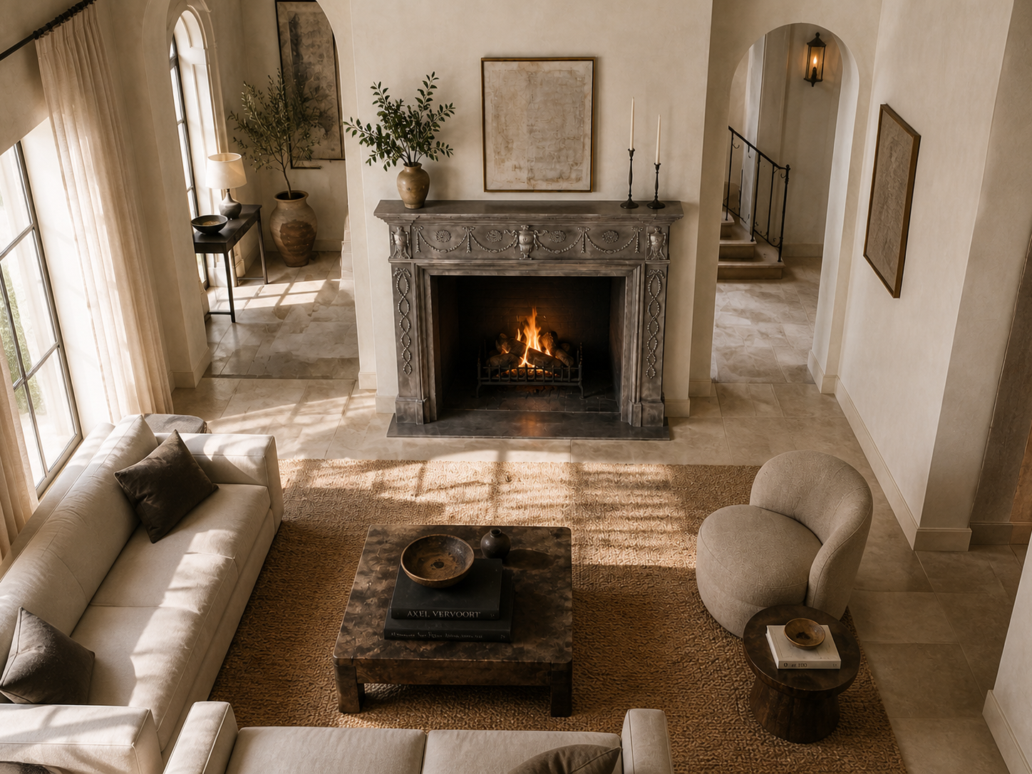 Fumara charcoal marble fireplace mantel by 1-OPH, seen from above