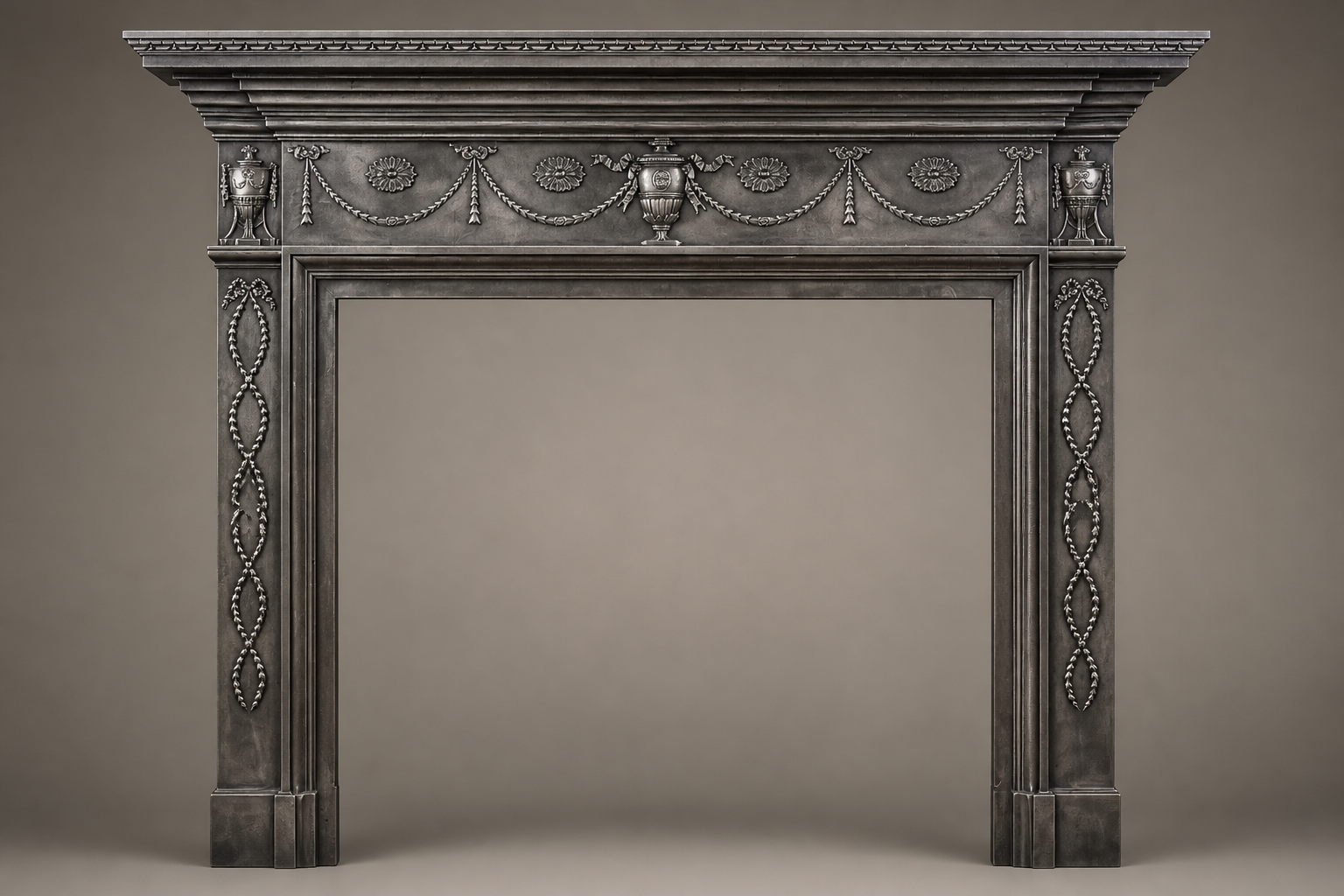 Fumara charcoal marble fireplace mantel by 1-OPH, side elevation