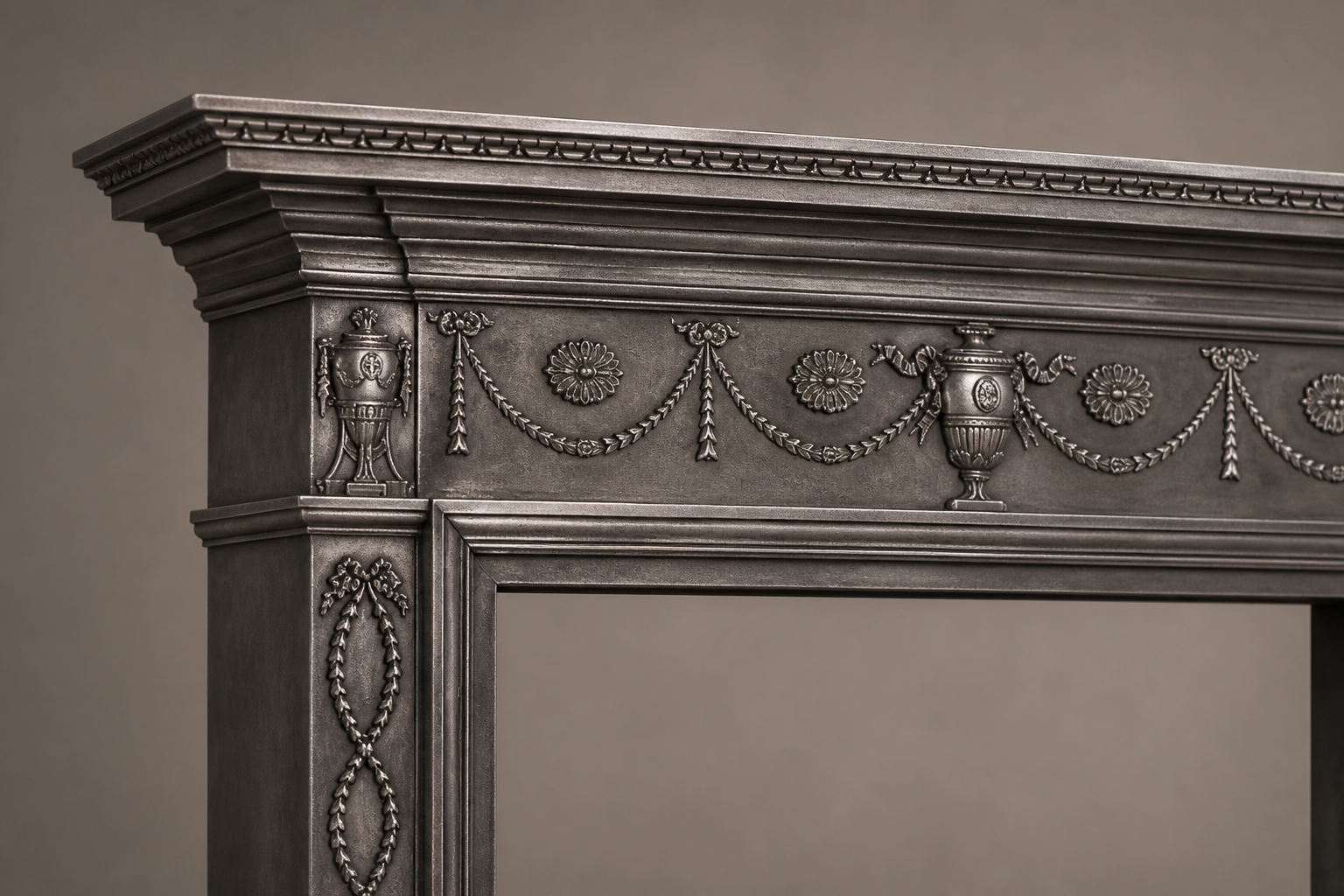 Fumara charcoal marble fireplace mantel by 1-OPH, surface detail
