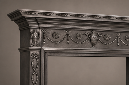 Fumara charcoal marble fireplace mantel by 1-OPH, surface detail