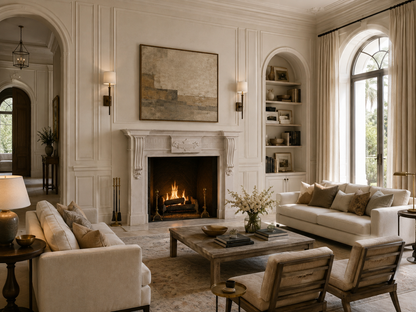 Sosiego pale limestone fireplace mantel by 1-OPH, in a Dubai interior