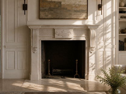 Sosiego pale limestone fireplace mantel by 1-OPH, carved detail