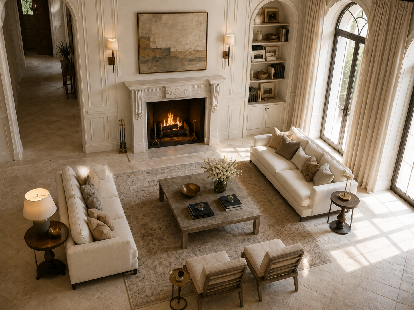 Sosiego pale limestone fireplace mantel by 1-OPH, seen from above