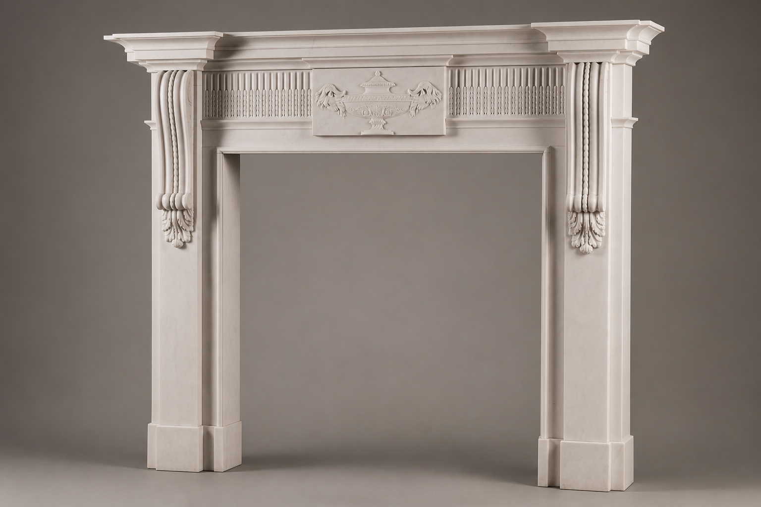 Sosiego pale limestone fireplace mantel by 1-OPH, studio view
