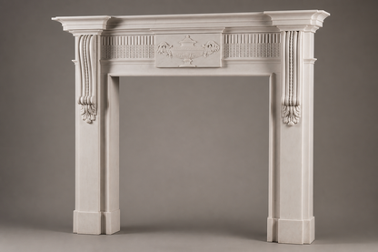 Sosiego pale limestone fireplace mantel by 1-OPH, studio view