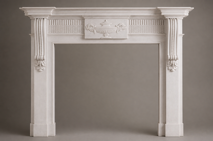 Sosiego pale limestone fireplace mantel by 1-OPH, side elevation