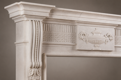 Sosiego pale limestone fireplace mantel by 1-OPH, surface detail