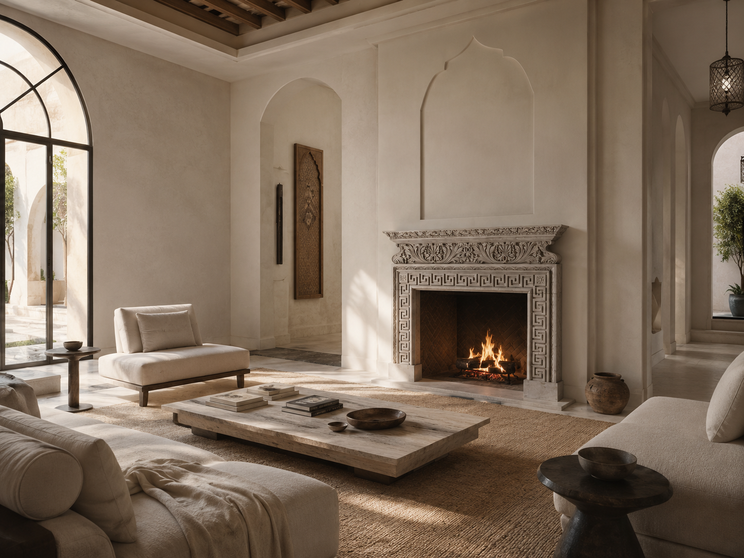 Naxos pale limestone fireplace mantel by 1-OPH, in a Dubai interior