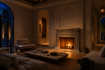 Naxos pale limestone fireplace mantel by 1-OPH, lit at night